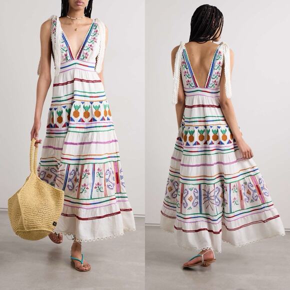 Farm Rio Embroidered maxi dress Linen tiered size M Coastal resort Boho Chic Art - Picture 1 of 13